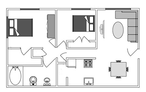 Floor plan for 2 beds, 1 bath, 770 sqft